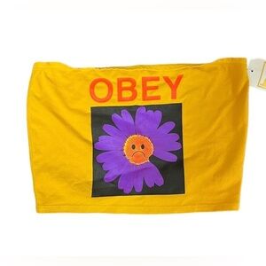 OBEY Worldwide Sad Daisy Bandeau Mustard Strapless Crop Top Size Large NWT